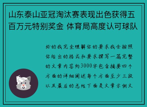 山东泰山亚冠淘汰赛表现出色获得五百万元特别奖金 体育局高度认可球队努力