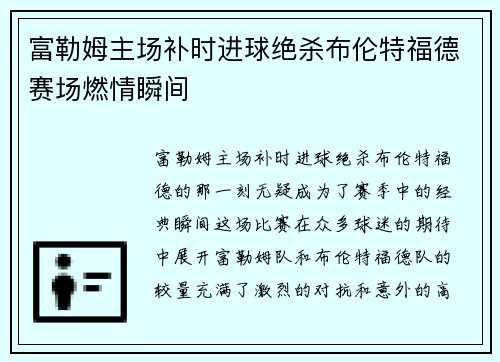 富勒姆主场补时进球绝杀布伦特福德赛场燃情瞬间