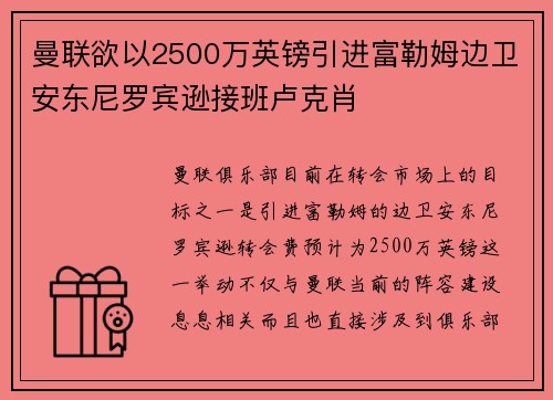 曼联欲以2500万英镑引进富勒姆边卫安东尼罗宾逊接班卢克肖