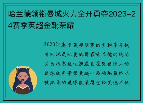 哈兰德领衔曼城火力全开勇夺2023-24赛季英超金靴荣耀