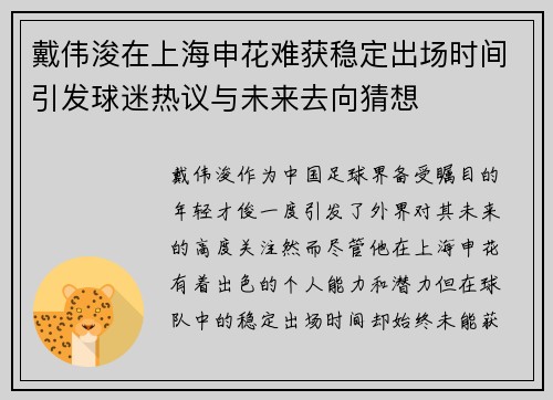 戴伟浚在上海申花难获稳定出场时间引发球迷热议与未来去向猜想
